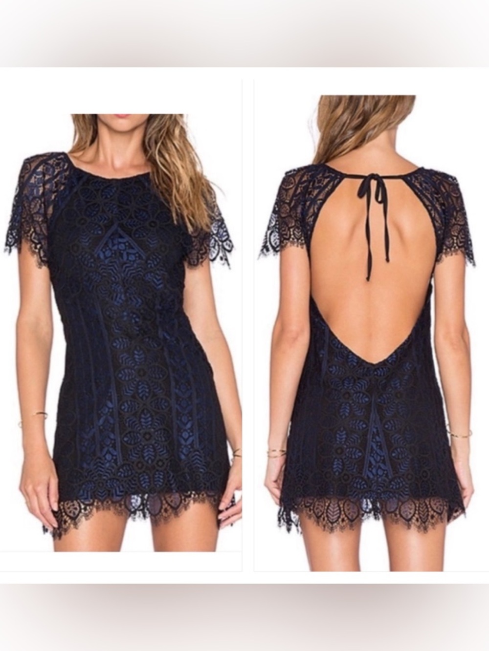 For Love & Lemons Lyla Lace Open Back Dress in Navy NWT